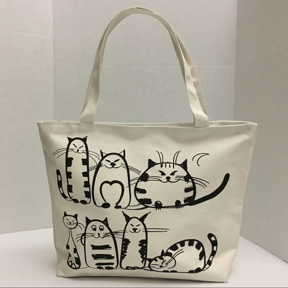 Handbags - Off White Lined Zip Top Cat Lovers Book Bag Tote